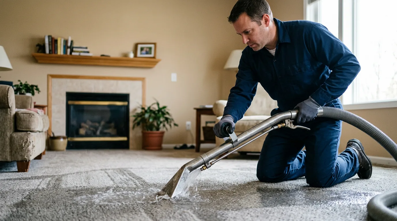 Water damage restoration technician working near Canton, IL